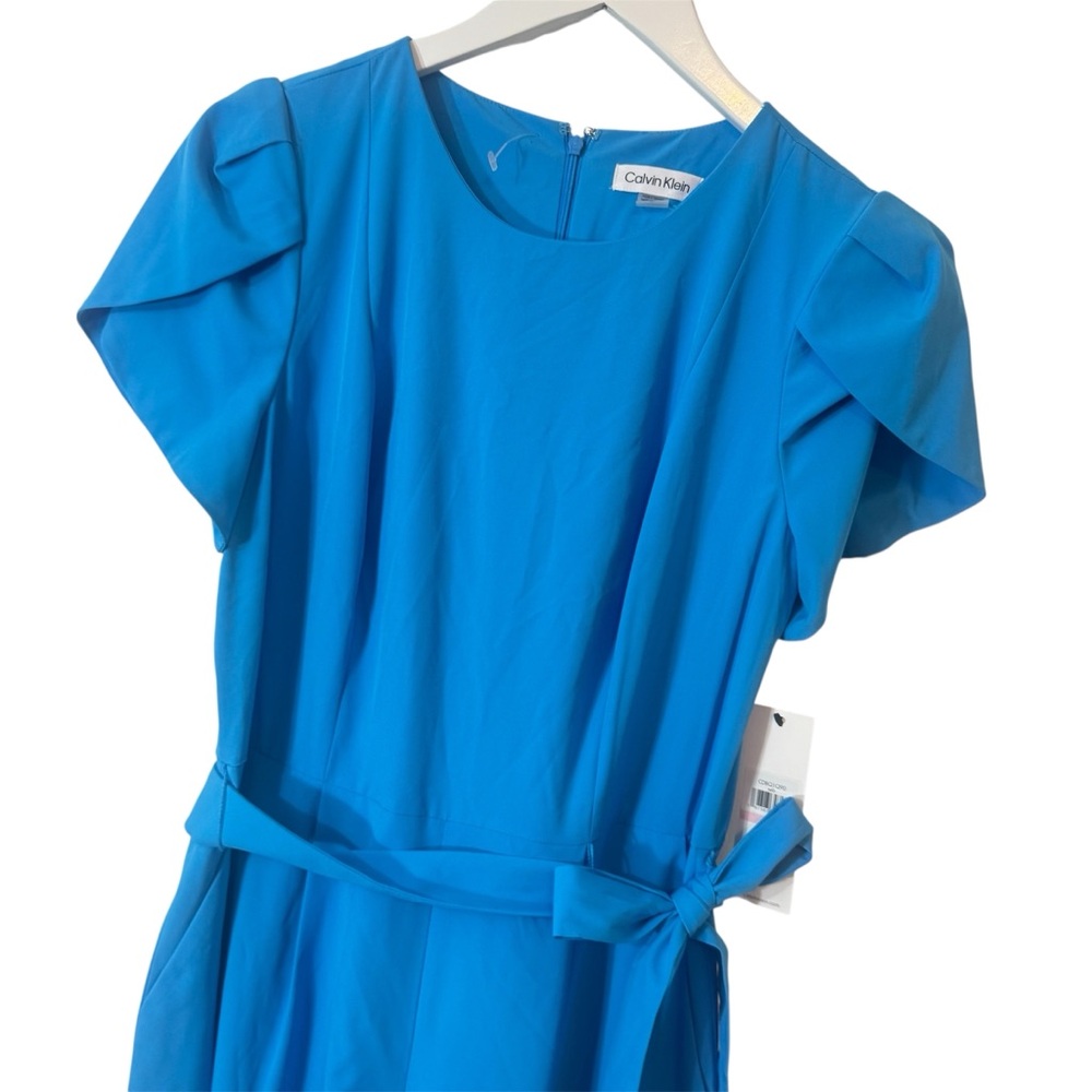 Calvin Klein Size 10 Jumpsuit Blue Flutter Split Sleeve Belted NEW - Picture 2 of 9